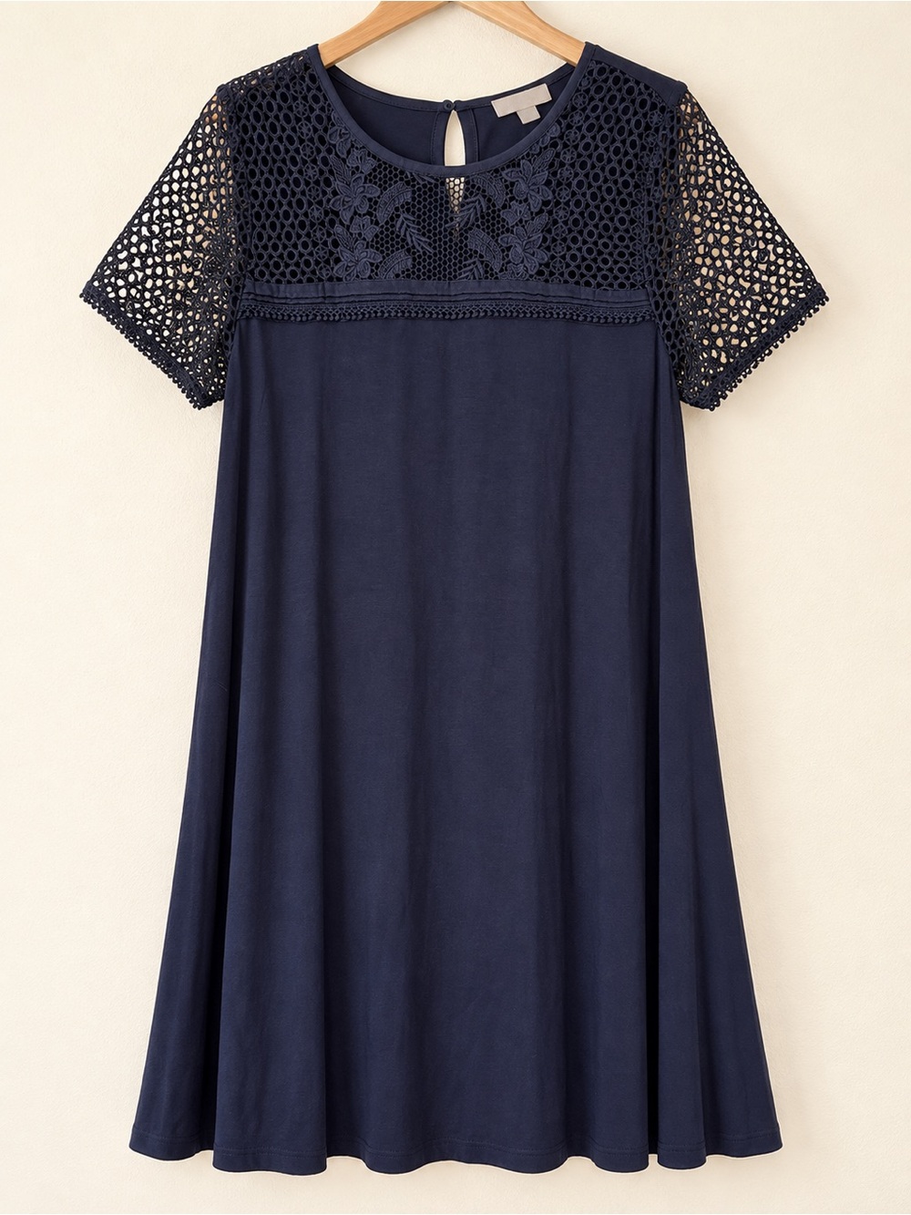 LOFT Navy Lace Bodice A-Line Dress Short Sleeve Business Casual GUC L #2395
